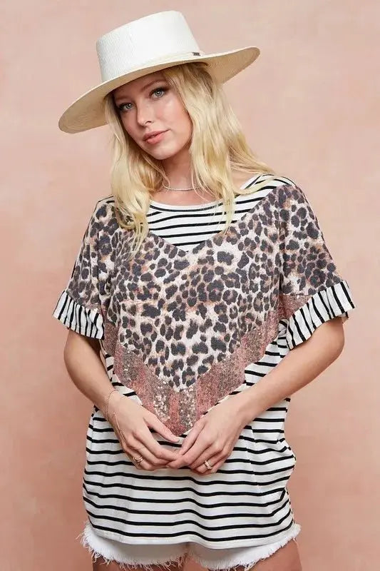 BiBi Stripe Rayon Span Knit Color Block Top With Leopard - Love Salve